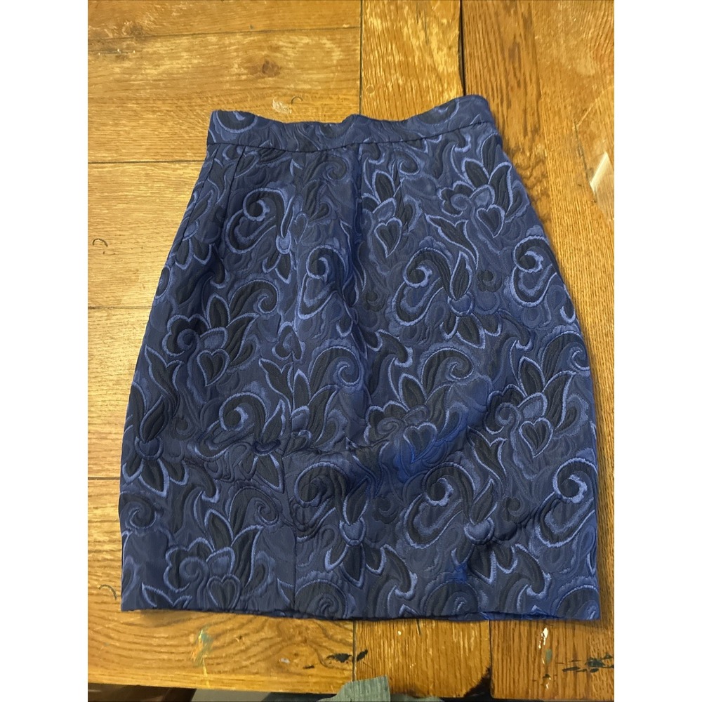 vtg sam carlin skirt size 8 lined blue Raised Embroidery Floral Print Knee High